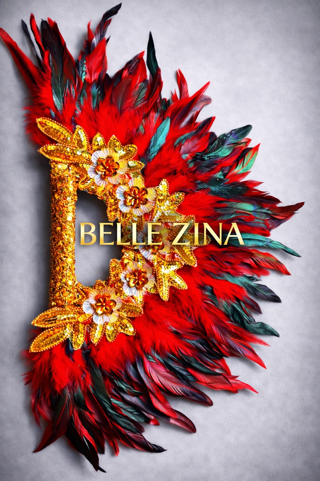 Éventail plume rouge et or